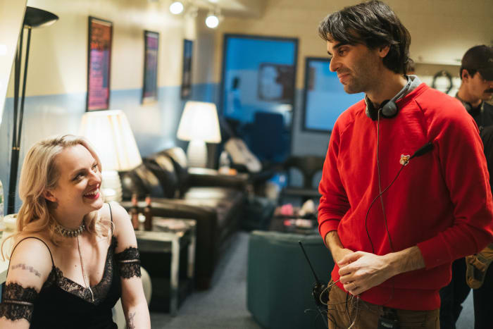 Moss, in her final look, chats with director Alex Ross Perry on set. Photo: Don Stahl/Courtesy of Gunpowder & Sky
