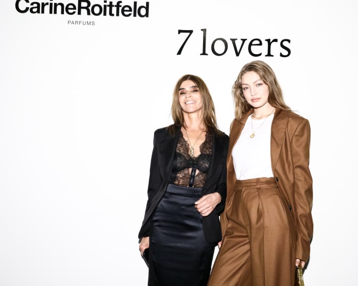 Carine Roitfeld with Gigi Hadid at the launch of the Carine Roitfeld Parfums pop-up in NYC. Photo: BFA