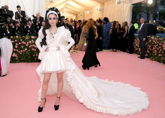 Lily Collins in Giambattista Valli at the opening of the "Camp: Notes on Fashion" exhibit at the Met. Photo: Dia Dipasupil/Getty Image