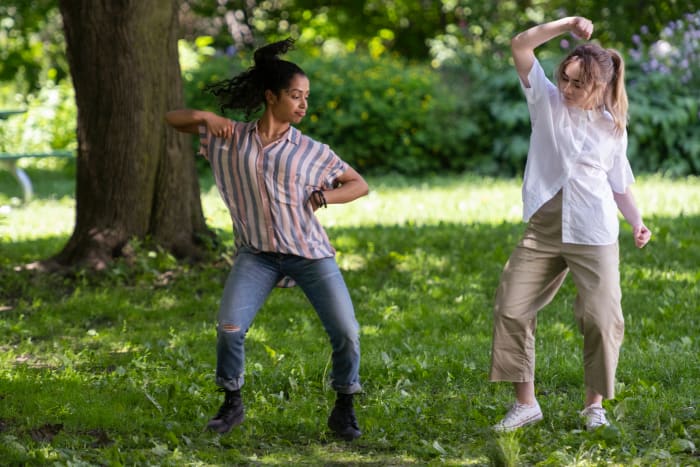 Liza Koshy as BFF Jasmine teaches awkward Quinn some moves in 'Work It.'