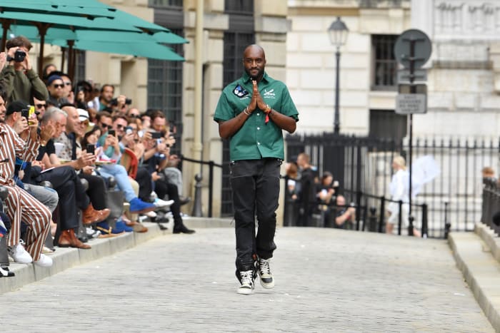 Virgil Abloh takes his bow at the Louis Vuitton Menswear Spring 2020 show in Paris.