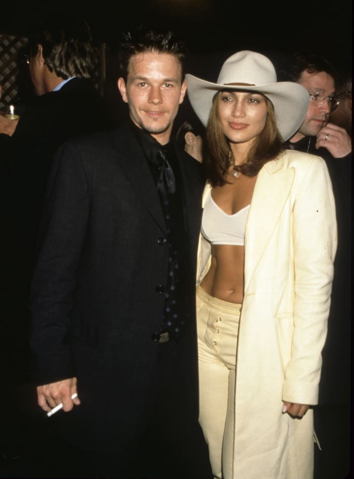 fashion fashion Mark Wahlberg and Jennifer Lopez at the MTV Music Video Awards in 1998.