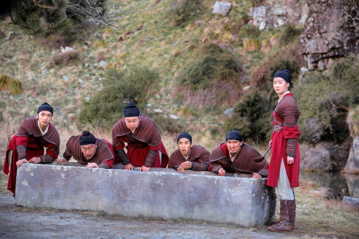 (L-R) Honghui (Yoson An), Po (Doua Moua), Cricket (Jun Yu), Ling (Jimmy Wong, Yao (Chen Tang), and Mulan (Yifei Liu) take a breather.