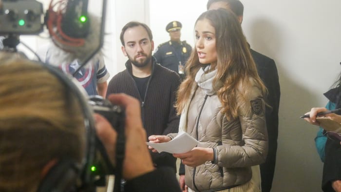 Teen climate activist and Climate Cardinals founder Sophia Kianni outside Speaker of the House Nancy Pelosi's office while demonstrating with Extinction Rebellion.
