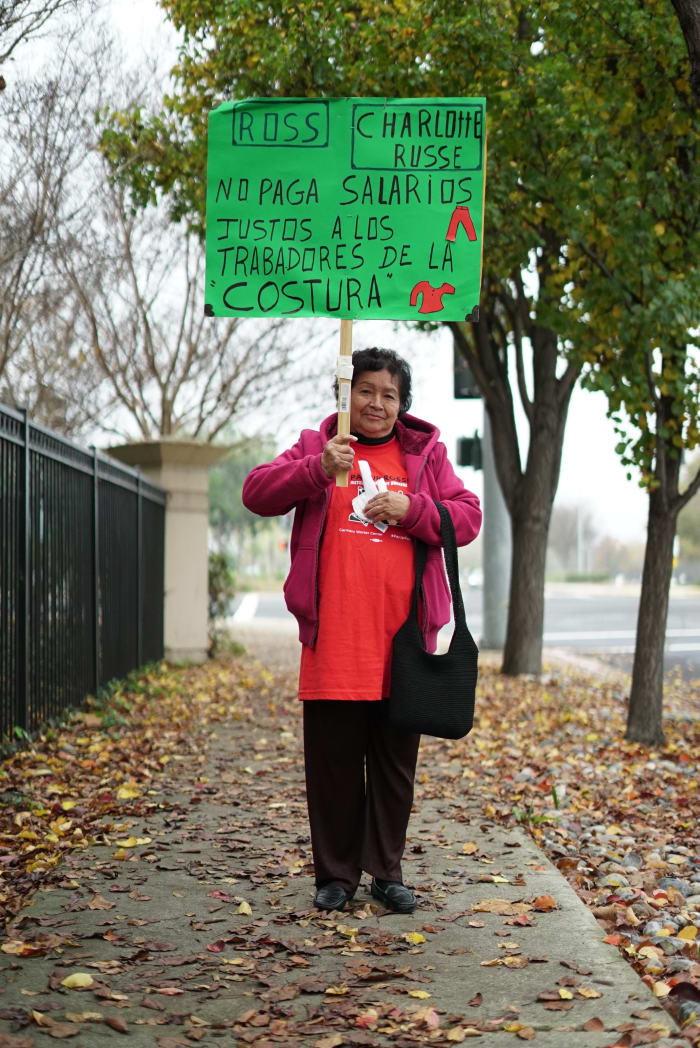 Juliana Bautista preparing to protest at the Ross headquarters in Dublin, California in May 2019.