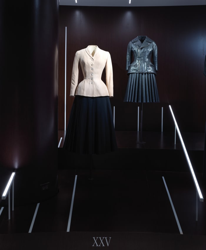 A Christian Dior ensemble from 1947, left, and a Junya Watanabe ensemble from 2011, right.