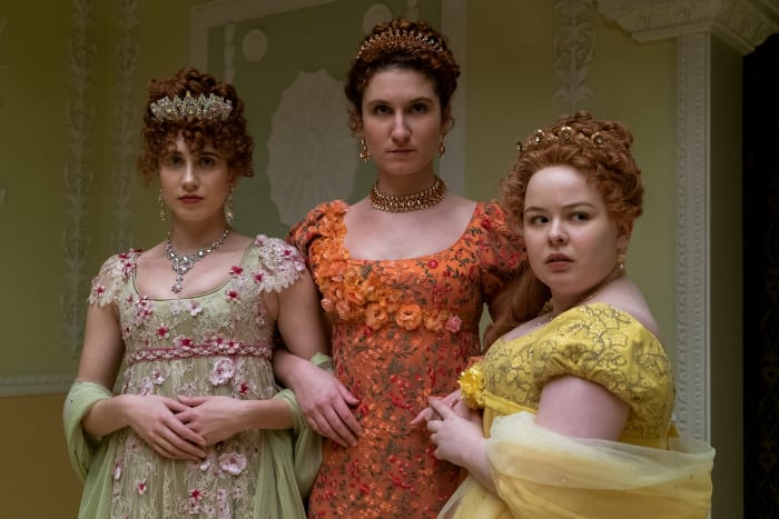 The Featherington sisters: Phillipa, Prudence and Penelope, in her signature color.