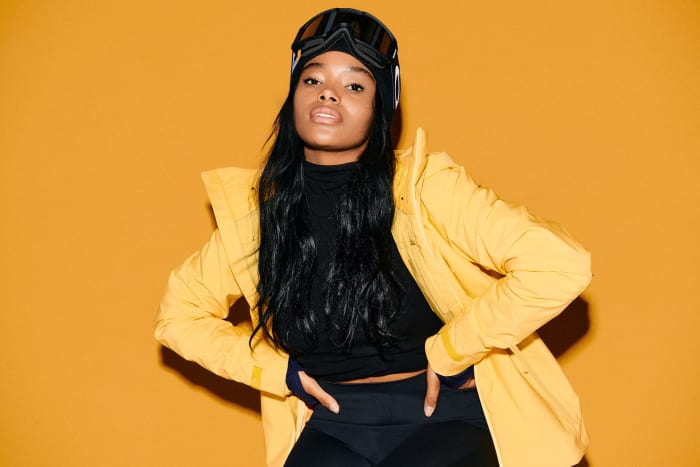 Halfdays' Lawrence Jacket, shown here in banana, features a 100%-recycled shell, insulation, lining and powder skirt.
