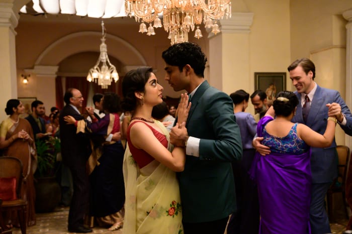 Tanya Maniktala as Lata and Mikhail Sen as Amit (center) in 'A Suitable Boy,' costume design by Arjun Bhasin.