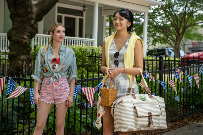 Emma Roberts as Sloane and Cynthy Wu as Liz in 'Holidate,' costume designed by Helen Huang.