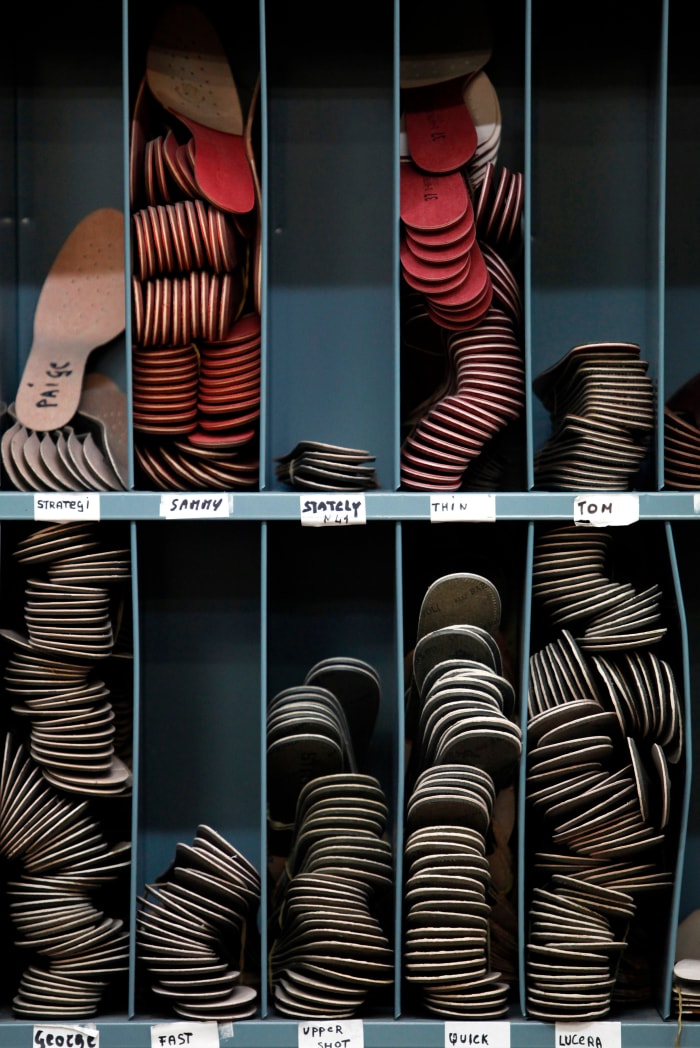 Insoles sit stored ahead of use at a footwear production factory in Montebelluna, Italy.