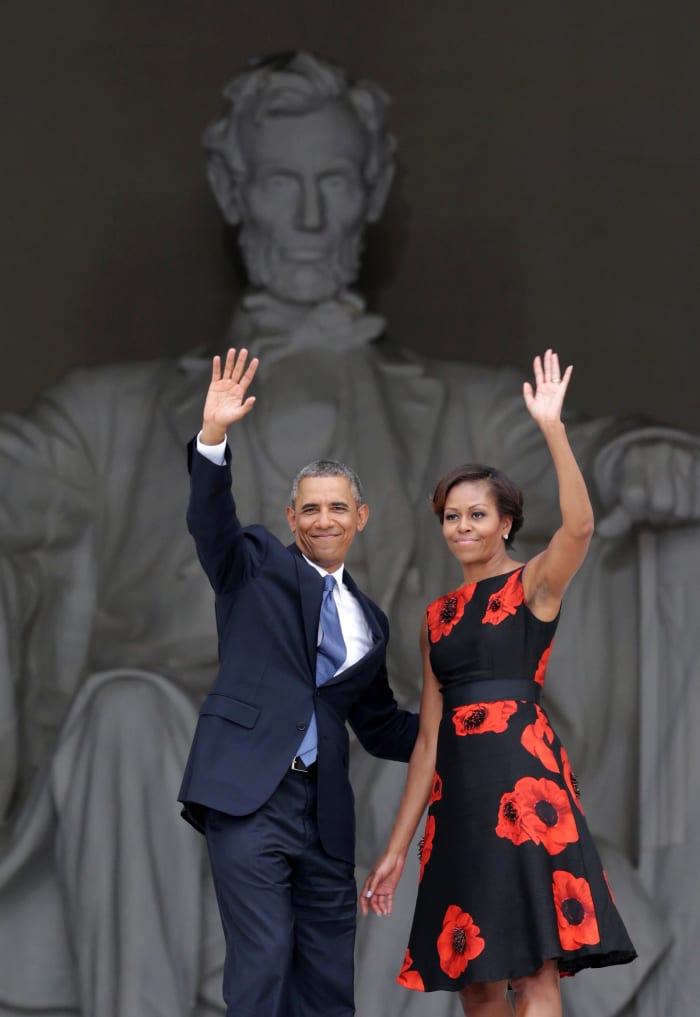 Former president Barack Obama and Michelle Obama, wearing Tracy Reese, at a 2013 ceremony at the Lincoln Memorial commemorating the 50th anniversary of the March on Washington.