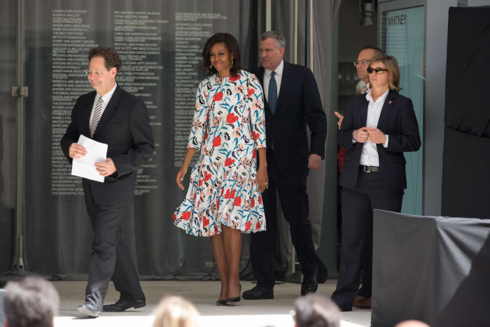 Michelle Obama, wearing Thakoon, to attend the dedication ceremony at the new Whitney Museum of Art in New York in 2015.