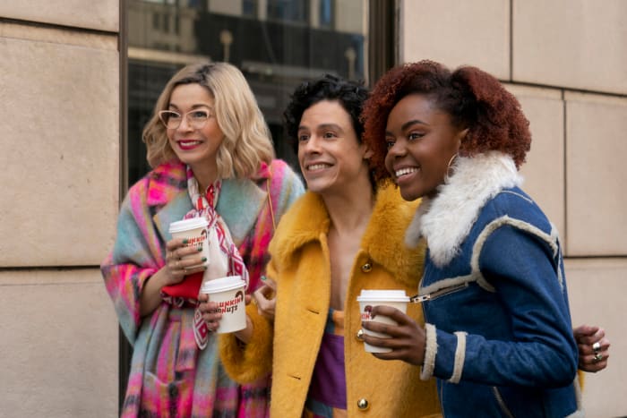 Pepper (Julia Chan), Jorge (Jonny Beauchamp) and Riverdale transplant Josie (Ashleigh Murray) outside Lacy's department store (as played by Bergdorf Goodman) in episode one.