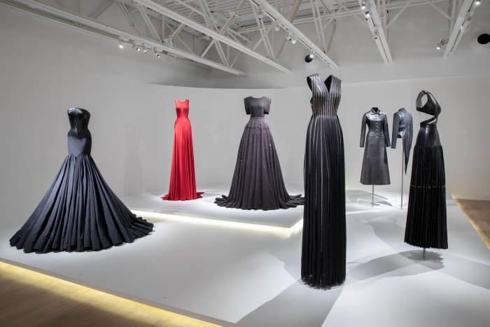 Alaïa gowns on display, including the one which inspired Lady Gaga's 2015 Oscars dress (third from left).