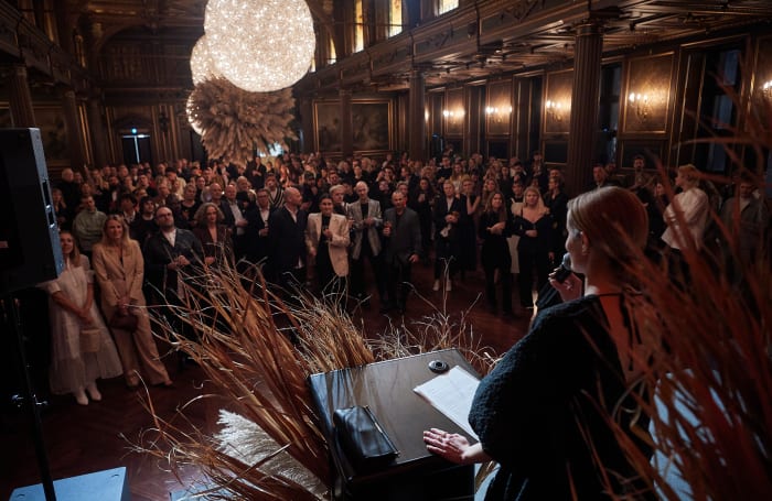 Cecilie Thorsmark addresses a crowd gathered for Copenhagen Fashion Week in January.