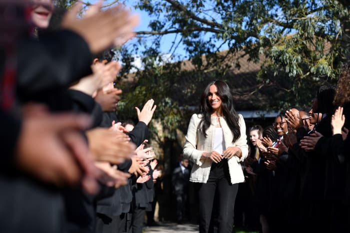 Meghan Markle arrives at Robert Clack Upper School in Dagenham on March 6, 2020.