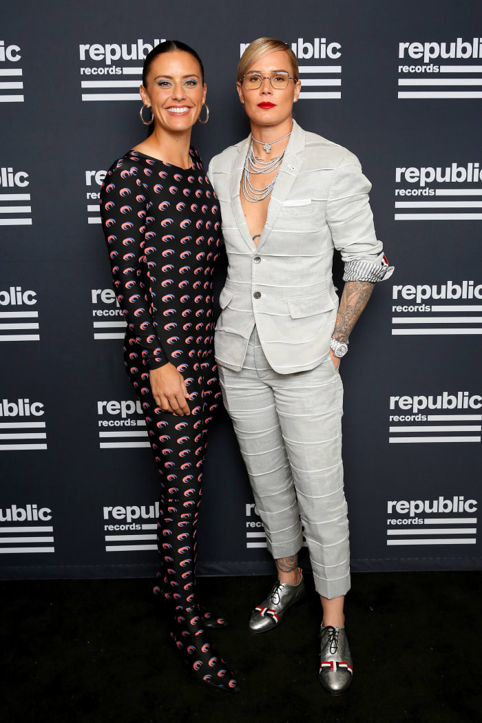 Krieger and Harris, wearing archival Thom Browne, at a party for the 2019 VMAs.