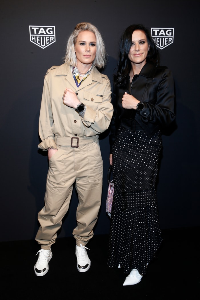 Harris — wearing Dolce & Gabbana, Berluti and Tag Heuer — and Krieger at the launch event for Tag Heuer's Connected range.