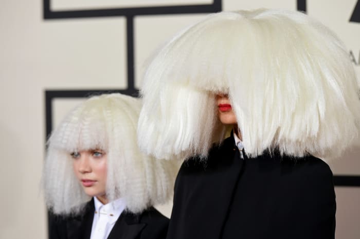 The look that started it all: Maddie Ziegler (L) and Sia (R) in custom Giorgio Armani at the 2015 Grammy Awards.