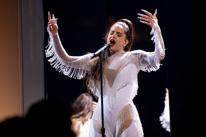 Rosalía performing in custom Mugler at the 2020 Grammy Awards.