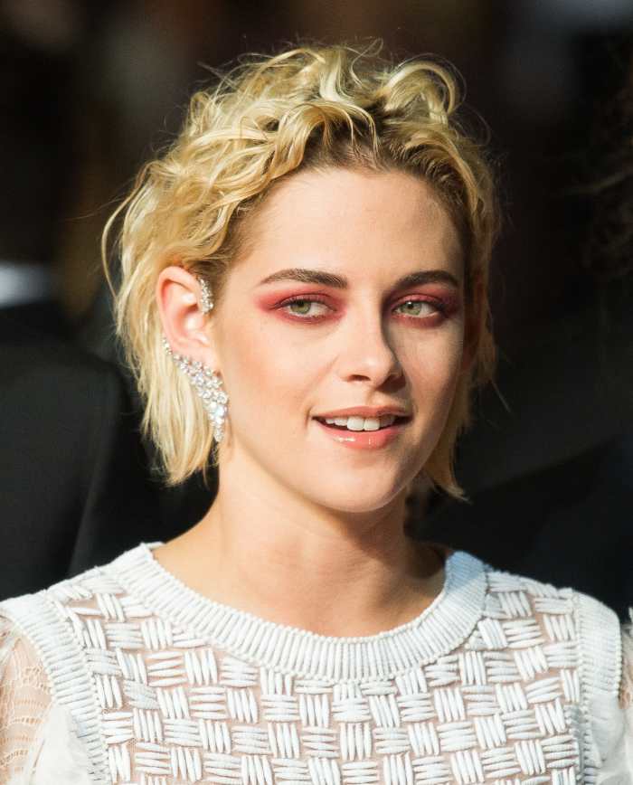 kristen stewart red eyeshadow blonde hair chanel dress sneakers cannes
