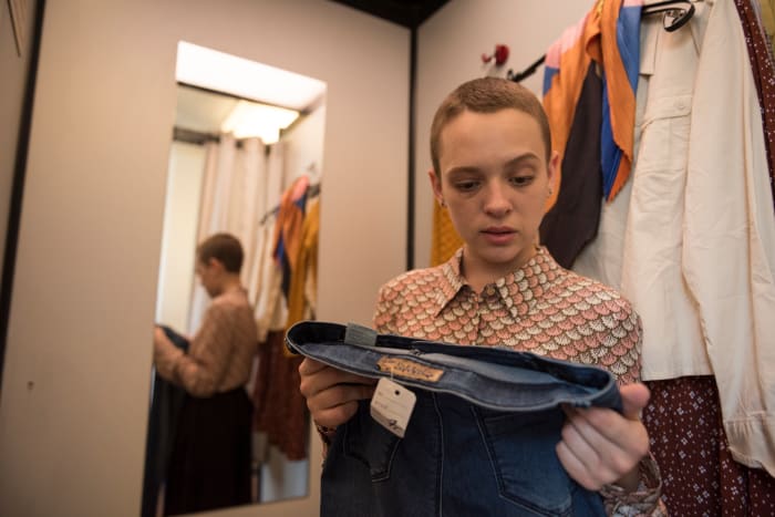 Esty (Shira Haas) shops for a new wardrobe in Berlin in 'Unorthodox.'