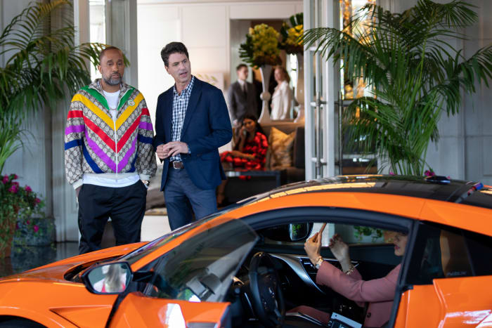 A version of Kenya Barris stunts in his own Gucci track jacket, while a version of Steven Levitan judges the showrunner's luxury sports car in '#blackAF.'