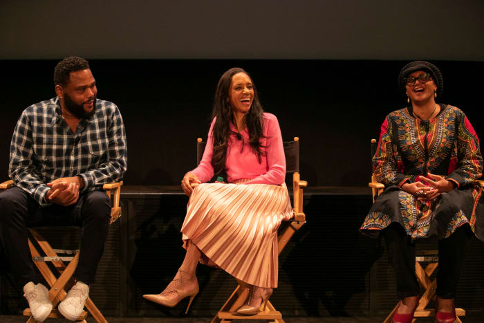 (L-R): Anthony Anderson, Cole and costume supervisor Devon Patterson during a panel discussion about the Emmy-nominated episode of 'Blackish,' 'Purple Rain.'
