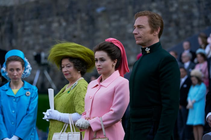 (L–R) Princess Anne (Erin Doherty), Queen Mum (Marion Bailey), Princess Margaret (Helena Bonham Carter) and Tony (Ben Daniels).