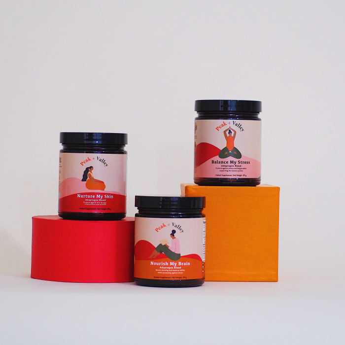 Peak and Valley's three adaptogenic herbal blends, each of which retail for $38.