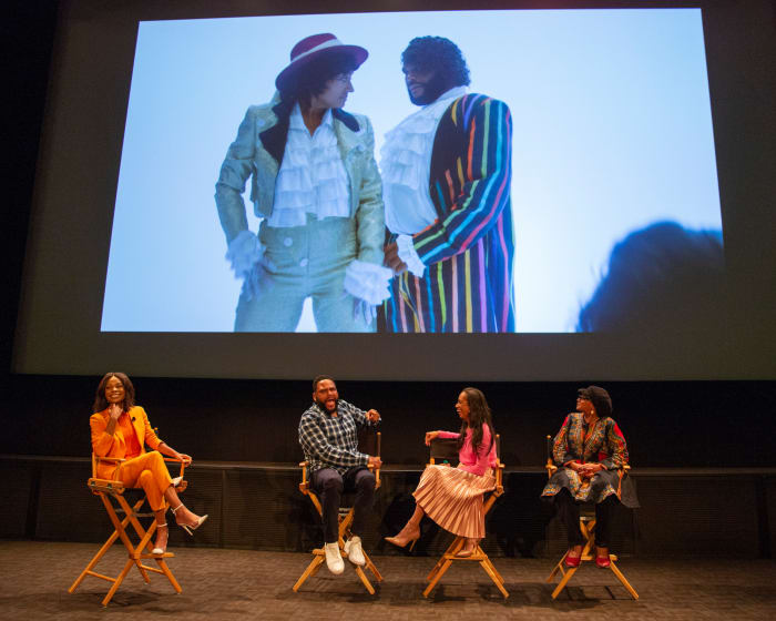 In 2019, ABC & ABC Studios hosted a screening of the 'Purple Rain' episode and panel of 'black-ish' Emmy nominees, Anthony Anderson (second from left) and costume designer Michelle Cole (second from left) and her costume supervisor Devon Patterson, moderated by Zuri Hall (far left).