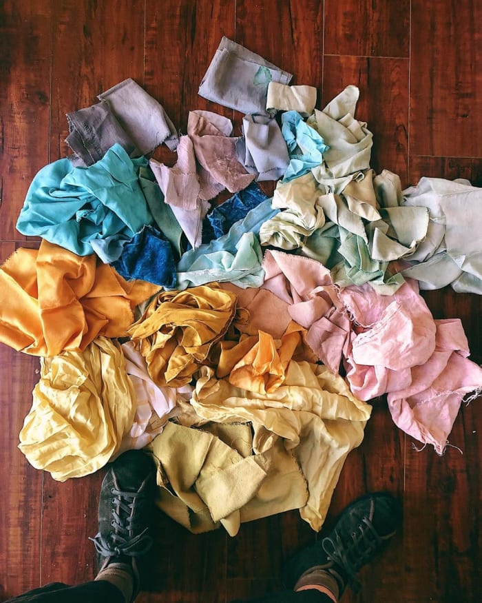 Fabric colored with natural dyes by Liz Spencer of the Dogwood Dyer.