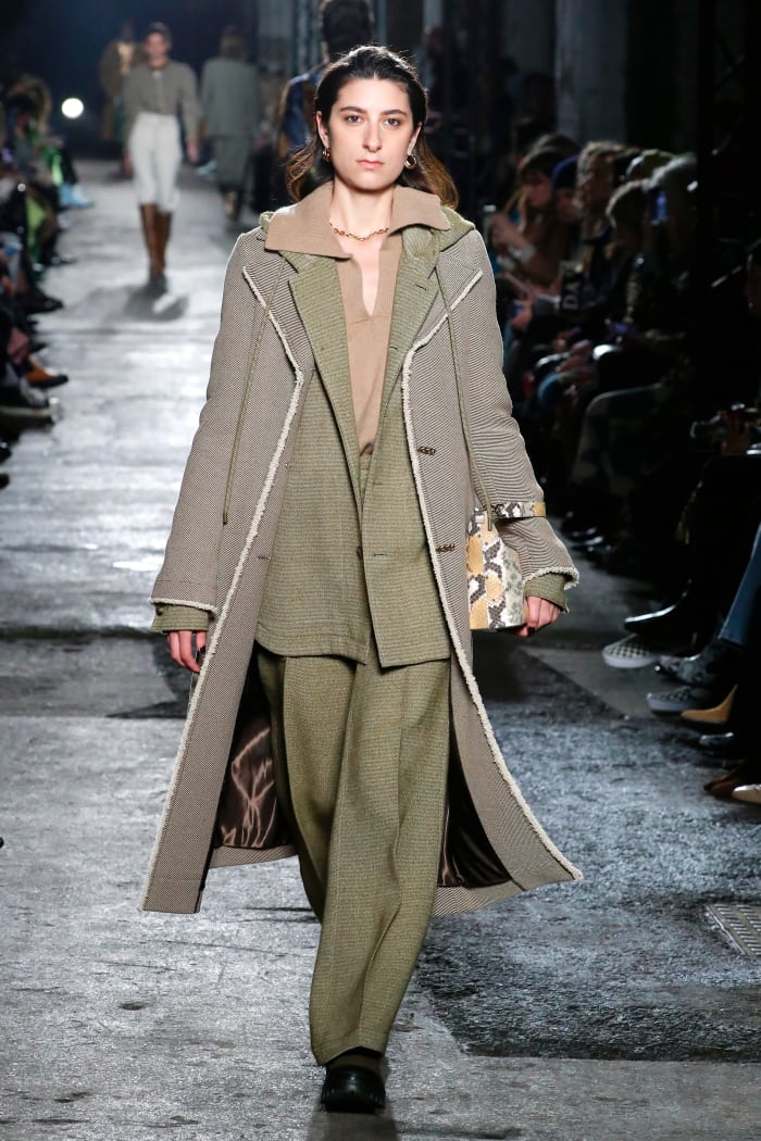 An earth-tone-heavy look from Rejina Pyo's Fall 2020 runway show, presented during London Fashion Week.