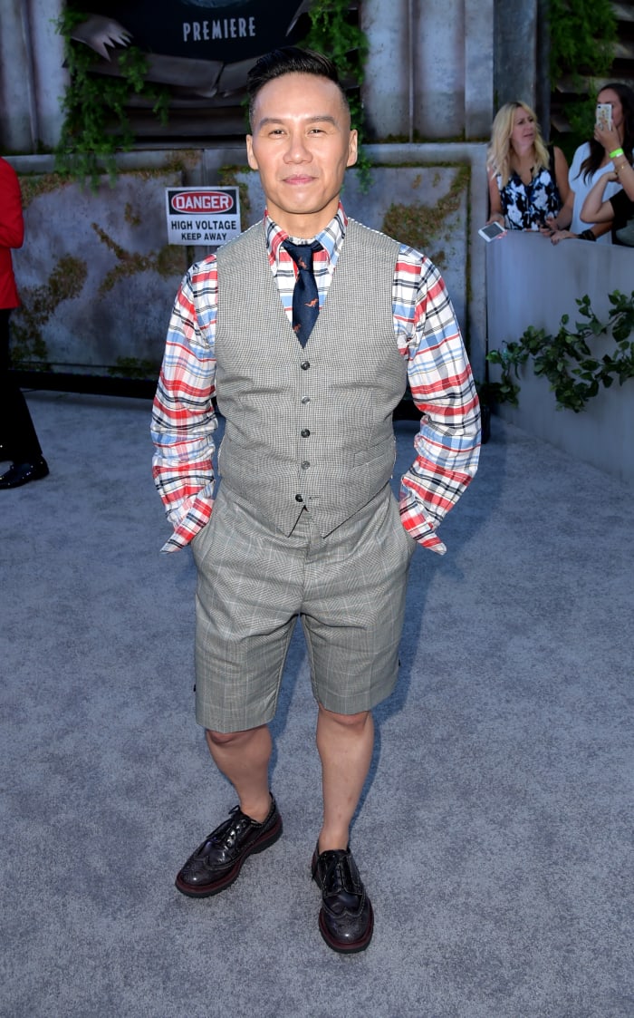 Wong in Thom Browne at the 'Jurassic World: Fallen Kingdom' premiere in 2018.