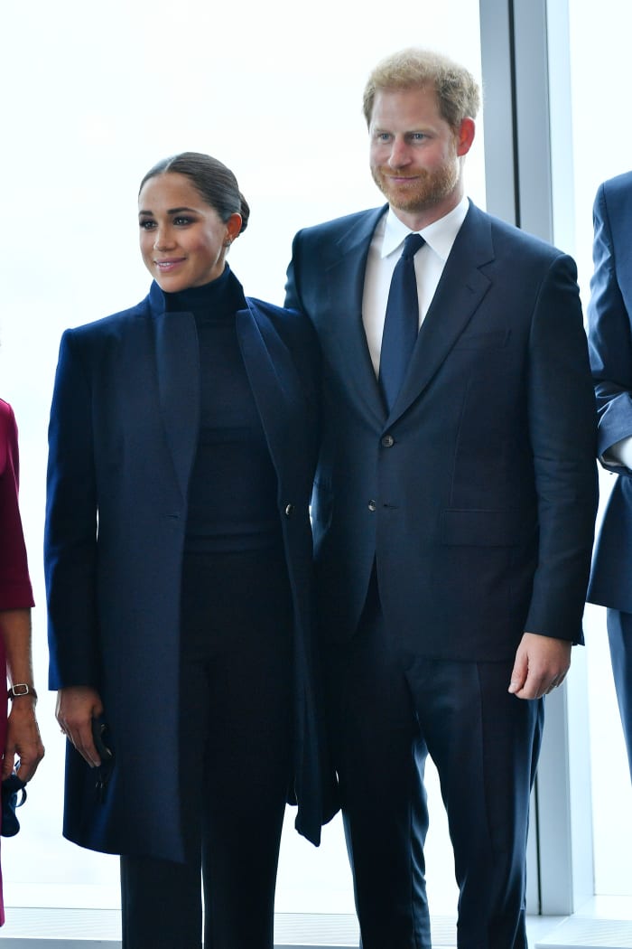 Meghan, Duchess of Sussex and Prince Harry, Duke of Sussex pose at One World Observatory on September 23, 2021 in New York City.