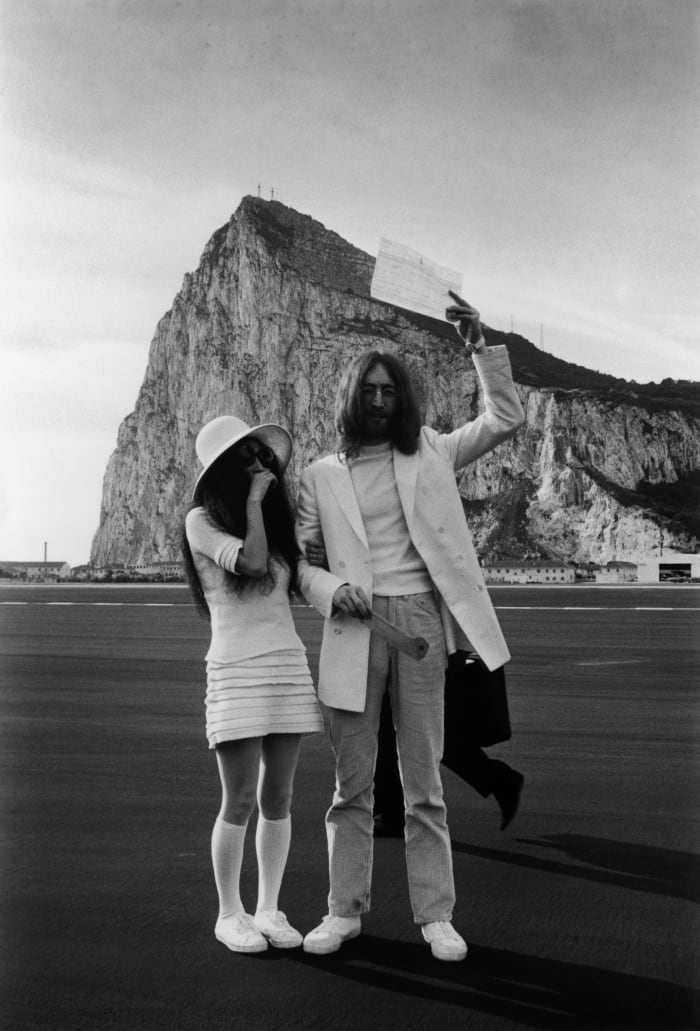 Yoko Ono and John Lennon after their wedding in Gibraltar in 1969.