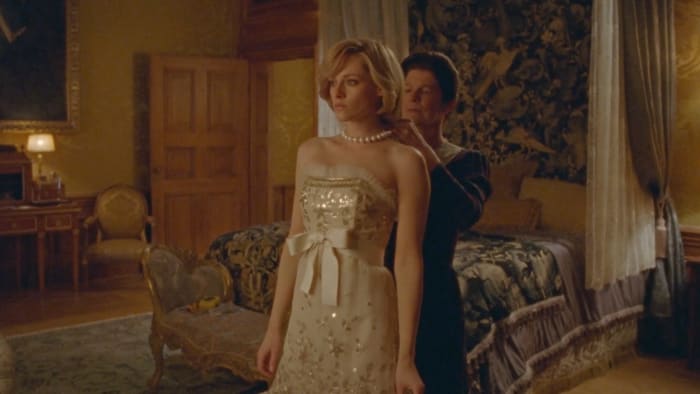 Stewart (left) in 'Spencer' in a Chanel gown, remade by the haute couture workroom, for the film costume designed by Durran.
