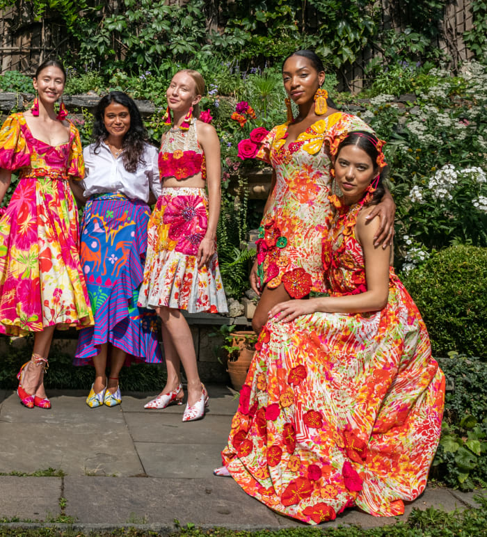 Designer Roopa Pemmaraju with models from her Spring 2022 collection. 