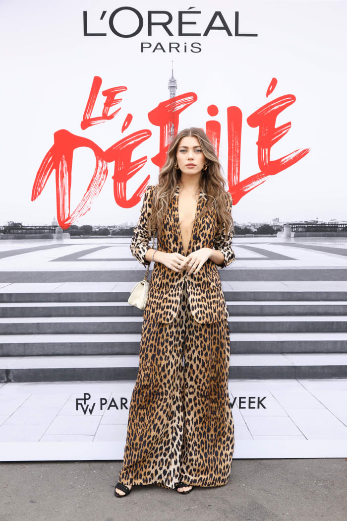 Zilber in Elie Saab once again — this time, in Paris, for L'Oréal's runway show during Paris Fashion Week.