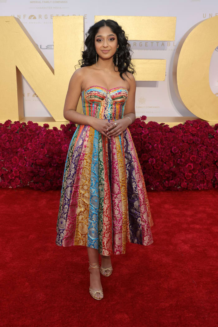 Ramakrishnan wearing a dress by Ashwin Thiyagarajan — made from upcycled sari fabrics — to the 2021 Unforgettable Gala.