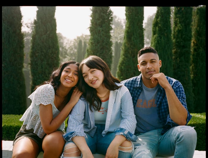 Ramakrishnan with mxmtoon and Michael Evans Behling in AE's Spring 2022 campaign.