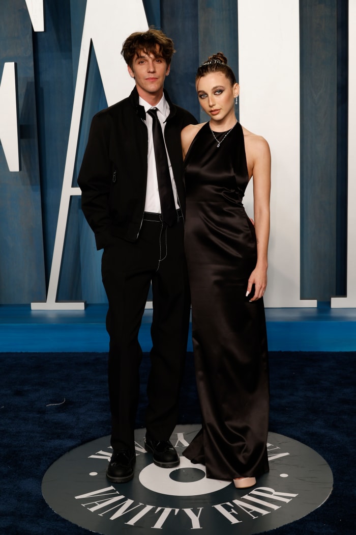 Emma Chamberlain wearing Louis Vuitton with Tucker Pillsbury (aka Role Model) at the 2022 Vanity Fair Oscar Party