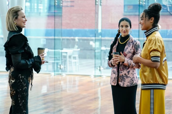 'Scarlet' EIC Jacqueline (Melora Hardin, not carrying a Dundler Mifflin coffee cup), Adena (Nikohl Boosheri) and Kat (Aisha Dee) in Six/20.