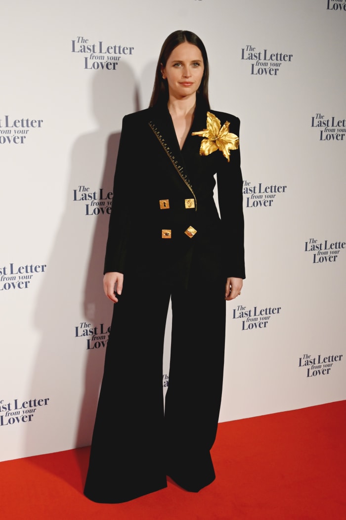 Felicity Jones in Schiaparelli at "The Last Letter From Your Lover" UK premiere on July 27, 2021.