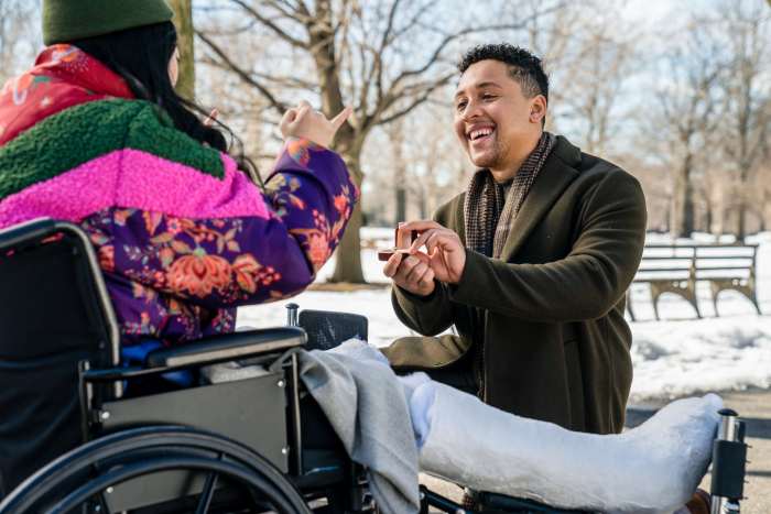 Nora (Awkwafina) in her dream coat with Daniel (Jaboukie Young-White).