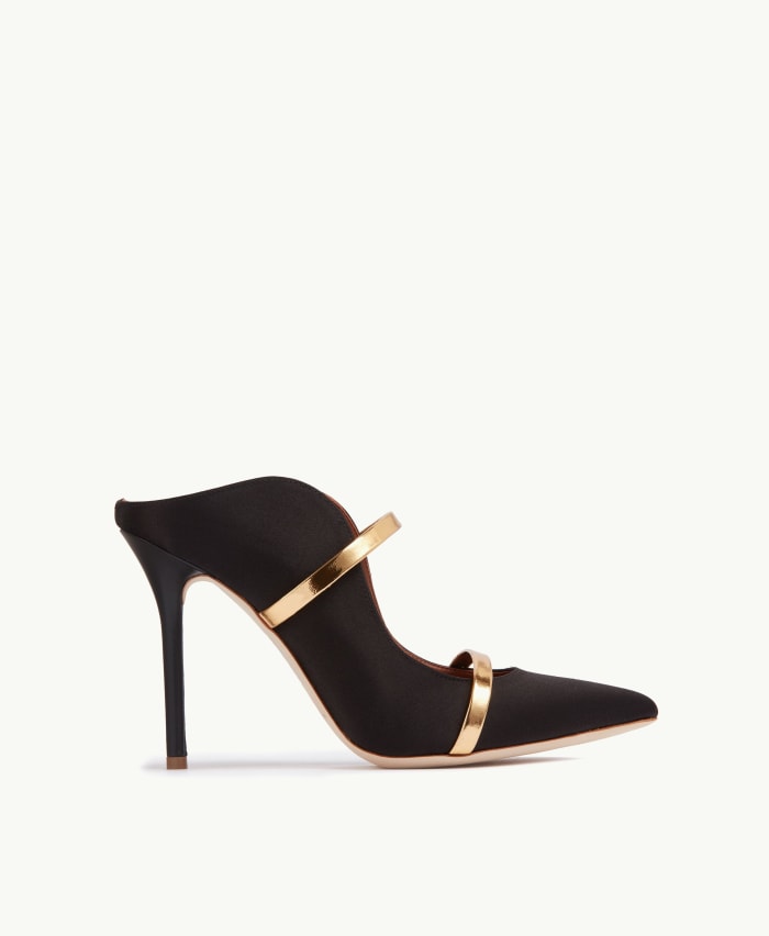 Malone Souliers Maureen Black Gold Satin Stiletto Mule