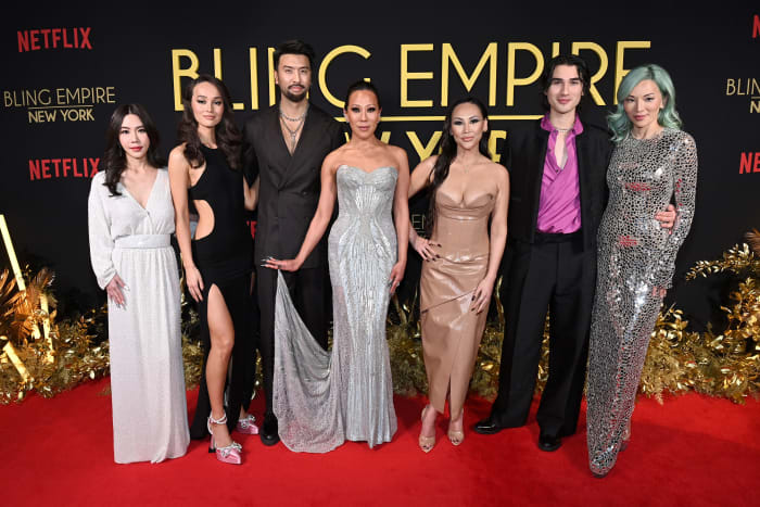 'Bling Empire: New York' cast at the January 18 premiere, from left to right: Nam Laks, Vika Abbyaeva, Richard Chang, Lynn Ban, Dorothy Wang, Blake Abbie and Leung.