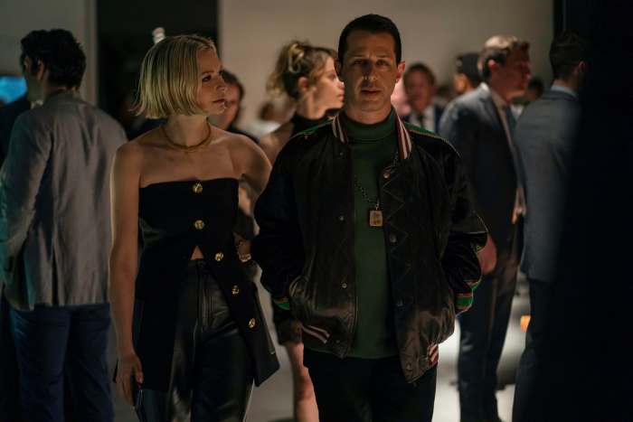PGM "It" girl Naomi Pierce in a Proenza Schouler leather-trimmed top with the birthday boy, Kendall Roy, in a Gucci bomber jacket and Rashid Johnson necklace.