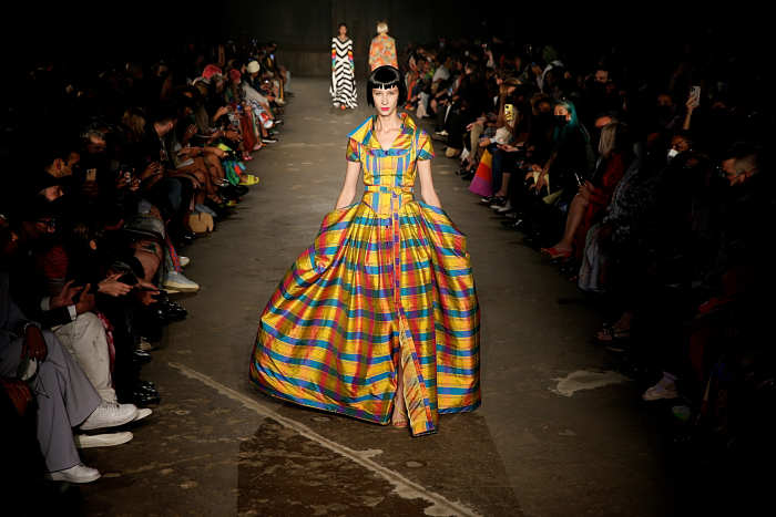A model walks the runway for Christopher John Rogers Collection 010 Show at Brooklyn Navy Yard on June 07, 2022 in Brooklyn, New Yor